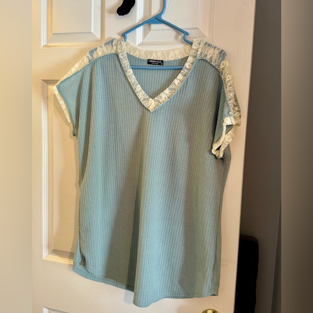 HEIMISH USA Women's Dusty Blue Lace Trim Top